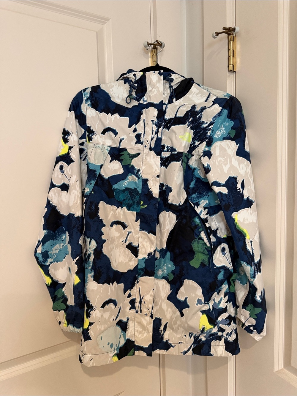 EUC Small The North Face Abstract Floral Print Hooded Jacket - Navy, White, Teal